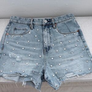 Blank NYC Light Blue Rhinestone Distressed Denim Shorts